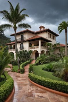 a large house surrounded by lush green trees and bushes on a cloudy day with dark clouds overhead