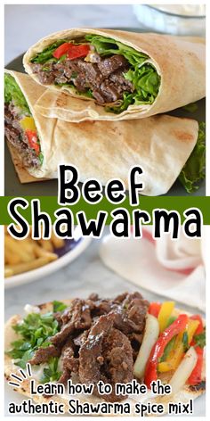 beef shawarma with lettuce, tomato and peppers on it is shown