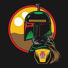 the boba fett helmet is shown in front of a black background with an orange circle