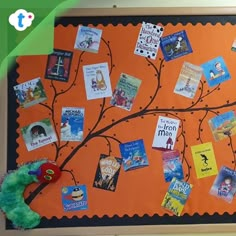 a bulletin board with many books on it