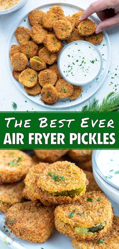 the best ever air fryer pickles on a white plate with dipping sauces