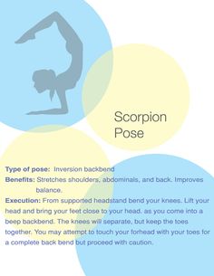 a woman doing yoga poses on her back with the words scorpion pose in front of her