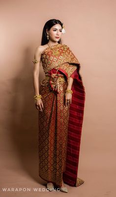 Thai Traditional Dress Aesthetic, Traditional Cambodian Dress, Thailand Traditional Clothes, Thai Dress Traditional, Thai Wedding Dress Traditional, Lao Clothes, Dress With A Shawl, Lao Sinh, Cambodia Clothing