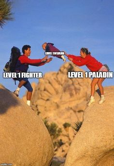 two people jumping off rocks with the caption level i fighter level 1 paladin