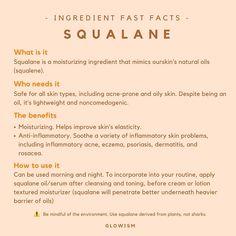 Lets learn about a powerful moisturizing ingredient - Squalane - today! My favorite night serum recently is Biossance squalane and lactic acid night serum it contains plant based squalane and provides light exfoliation overnight. I only use it two or three times each week but I always notice smoother and softer skin the second day when I wake up.   Squalane vs Squalene Squalane oil is a saturated byproduct of squalene oil a polyunsaturated hydrocarbon. Dont be confused by Squalane and Squalene - Deep Sea Sharks, Squalene Oil, Biossance Squalane, Squalane Oil, Hair Skin And Nails, Rice Bran, Fast Facts, Night Serum