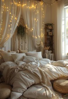 an unmade bed in a bedroom with fairy lights on the ceiling and curtains over it