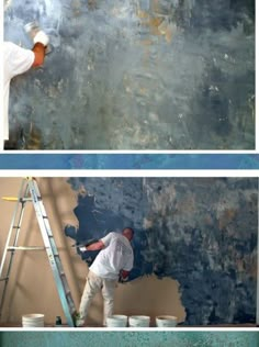 two men are painting the walls in different stages of being painted with paintbrushes