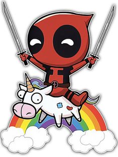 deadpool is riding on top of a unicorn with swords in his hand and the rainbow behind him