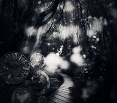 a black and white photo of a clock in the woods