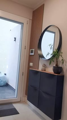 a room with a large mirror and a plant on the dresser in front of it