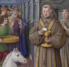 a painting of a man holding a cup while standing next to a horse and other people