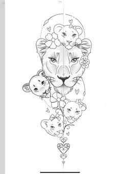 a drawing of a lion with flowers and hearts on it's head, surrounded by other animals