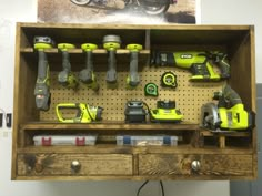 a workbench with various tools on it