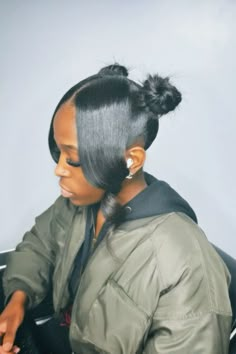 #buns #hairstyles #hairstylesforlonghair #buns #bangs Slick Weave Bun, Two Buns And Bangs, Ponytail Bun Hairstyles For Black Women, Two Space Buns With Bangs, 2 Buns Black Girls Hair, Low Buns With Bangs, 2 Space Buns With Bangs, 2 Buns With Bangs Natural Hair, 2 Buns With Bangs Black Women