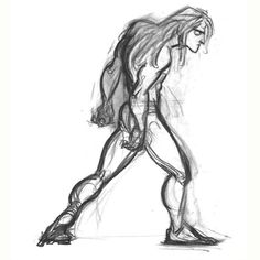 a pencil drawing of a person with long hair and legs, holding a baseball bat