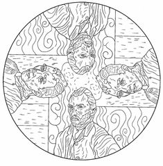 the four faces of jesus and mary in a stained glass circle with swirly lines