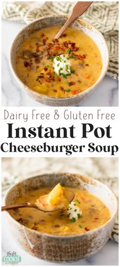 two bowls of instant pot cheeseburger soup with text overlay that reads dairy free and gluten free instant pot cheeseburger soup