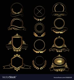 a set of golden emblems and ribbons with place for your text or image on a black background