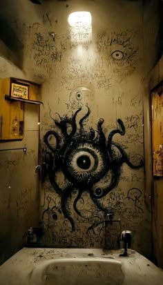 a bathroom with graffiti on the walls and a sink in front of an eyeball