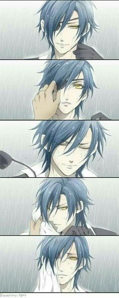 an anime character with blue hair in the rain