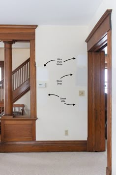 an empty room with stairs and railings on the wall next to a door that leads to another room