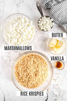 ingredients to make marshmallows in glass bowls on a white marble counter top