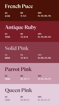 Colors:
4C1208
7B1D26
893A49
CA99AB
E4CDDD Mountbatten Pink, Cool Color Palette, Design Presentation