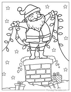 santa clause standing on top of a chimney with presents in his hand and gifts around him