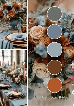 an image of a table setting with blue and orange flowers in the center, surrounded by candles