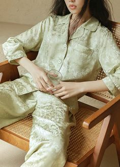 Jacquard Silk Pajama Set, Pale Lime – Muraki Night Suit For Women, Pijamas Women, Silk Pjs, Vintage Pajamas, Silk Pajamas Women, Sensory Overload, Silk Pajama, Jacquard Design, Silk Set