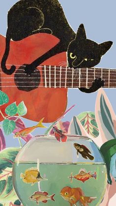 a painting of a cat playing the guitar with fish and plants in the foreground