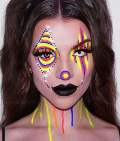 Rave Inspired Makeup, Clown Makeup Neon, Neon Halloween Makeup, Neon Clown Makeup, Crazy Clown Makeup, Neon Clown, Jester Makeup, Clown Aesthetic