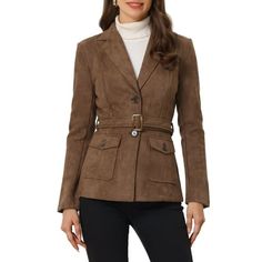 INSPIRE CHIC Women's Long Sleeve Casual Faux Suede Blazer Jacket Winter Outwear. Soft suede elevates this classic blazer styled with notched lapels and front pockets, comes with a belt. Blazers for women business casual, stylish and a trendy jacket, the material is very light, suitable for casual and formal occasions in spring, autumn and winter. Crisp clean lines and a proper length stylish inspired suede jacket for a sophisticated modern feel. Timeless yet vintage-inspired design, you can matc Moto Wear, Work Blazer, Suede Blazer, Trendy Jackets, Safari Jacket, Womens Business Casual, Suede Belt, Types Of Jackets, Classic Blazer