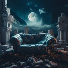 a couch sitting on top of a pile of rubble under a full moon