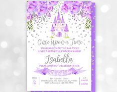 a purple princess birthday party card with flowers