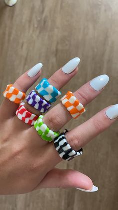 my favourite rings yet...🤭 these checkered band rings come in soooo many colours, they are so funky and unique and have a great aesthetic! please only pick from the colours provided as these are the only ones i am able to make atm!  i do any uk size - get these unique statement rings now🤪🤪 + it's free UK delivery! ;)❤️🔥 Clay Rings, Polymer Clay Rings, Diy Clay Rings, Fimo Ring, Funky Rings, Polymer Clay Ring, Diy Air Dry Clay, Chunky Rings, Rings Cool