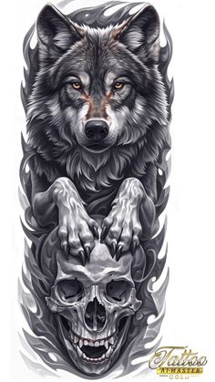 an image of a wolf with a skull on it's back