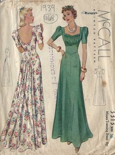 ~ Circa/Date: 1939 ~ Details:   EVENING DRESS ~ Size/Measurements:   ~ Size: 16     ~ BUST: 34″   ~ Hip: 37″  (Inches) ~ Please Note: ~ You are buying a 'Professional Reproduced' copy of this sewing pattern. Copied from the original sewing pattern. Produced in Full Scale Pattern Pieces ready to cut with full instructions included. Reproduced on high quality 50 gm paper with black ink, durable and easier for reuse. Printed by a Professional Printing Company.   ~ With this product comes an accompanying 'Booklet' and inside the Booklet it includes: ~ A 2-page Instructions and Illustrations on 'How to Adjust Your pattern to your Personal Measurement.' ~ Personal Measurement Chart ~ Body Form Illustrations ~ Fitting Checklist ~ Metric Equivalency Chart ~ Note Pages ~ Fabric Worksheet ~ Garment 30s Fashion, Casual Chique, Vintage Dress Patterns, Motif Vintage, Retro Mode, 1930s Fashion, Vestidos Vintage, Old Fashion, Fashion Sewing Pattern