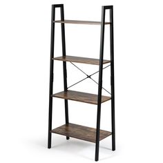 a book shelf with three shelves on one side and an iron frame at the top