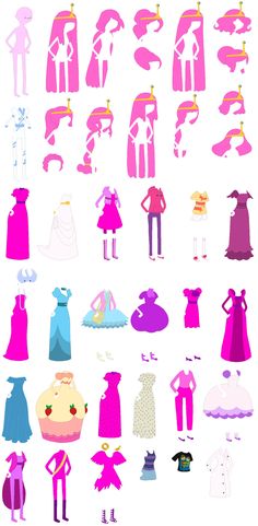 the silhouettes of different types of dresses and shoes are shown in pink, blue, and white