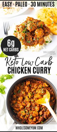 chicken curry recipe in a skillet with text overlay that reads easy paleo 30 minutes keto low carb chicken curry