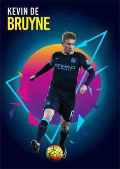 a young man kicking a soccer ball on top of a blue and purple background with the words, kevin de bruyne