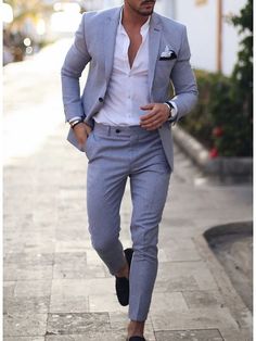 Light Blue Green Men's Linen Suits Wedding Beach Summer Solid Colored 2 Piece Tailored Fit Single Breasted Two-buttons 2024 2024 - $95.99 Grey Tuxedo Men, Rhodes Wedding, Grey Tuxedo, Cocktail Theme, Formal Men, Dress Men, Stylish Suit, Linen Suits, Party Suits