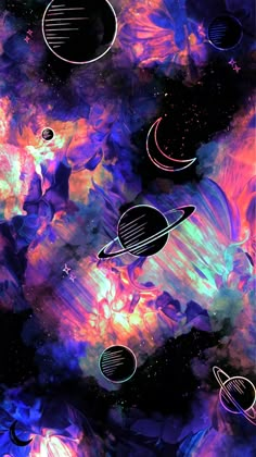 an abstract painting with planets and stars in the sky