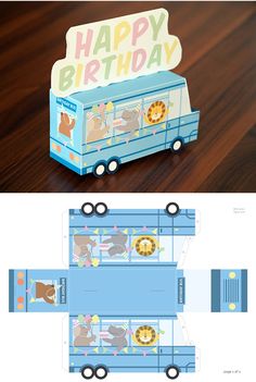 an image of a birthday card in the shape of a bus with animals on it