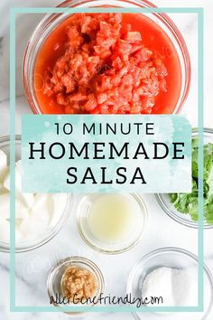 ingredients for homemade salsa in bowls with text overlay