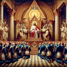 an image of jesus sitting on the throne surrounded by other men and women in front of him