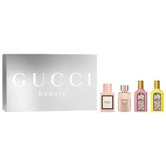 Set Description: Share the love and celebrate the festive season with this four-piece Gucci fragrance gift set. Guilty Pour Femme Eau de Parfum is an ambery, floral scent that opens with pink pepper balanced by delicate lilac and grounded by amber and patchouli. Bloom Eau de Parfum for Her is a rich white-floral fragrance that unfolds with rangoon creeper illuminated by jasmine bud. Gucci Flora Gorgeous Gardenia Eau de Parfum is an intensely feminine, floral scent combining the gardenia’s first tender blossom with the richness of its flower in full bloom. Flora Gorgeous Orchid Eau de Parfum blends warm vanilla with a refreshing ozonic accord.This Set Contains:- 0.16 oz/ 5 mL Guilty Pour Femme Eau de Parfum- 0.16 oz/ 5 mL Bloom Eau d Mini Perfume Set, Gucci Flora Gorgeous Gardenia, Rangoon Creeper, Gucci Fragrance, Gucci Perfume, Gucci Flora, Mini Perfume, Beautiful Angels, Angels Pictures