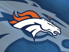 the denver football team logo is shown on a blue and white background with orange accents