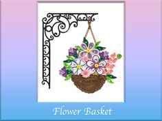 a flower basket hanging from a wrought iron fence with flowers in it and the words, flower basket